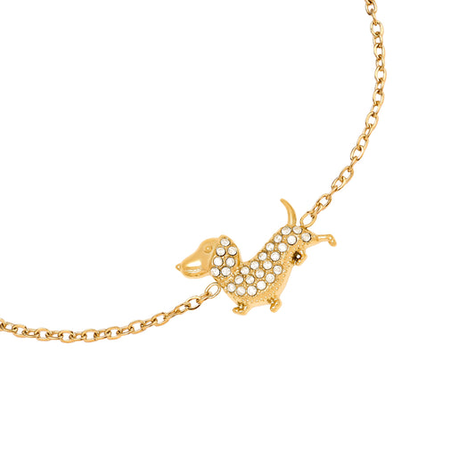 Edelstahl Armband mit Dackel, Glitzersteine, vergoldet, wasserfest gold