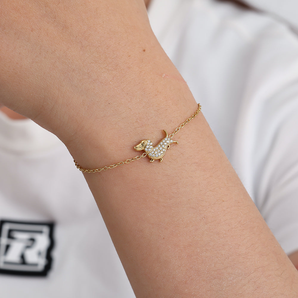 Edelstahl Armband mit Dackel, Glitzersteine, vergoldet, wasserfest