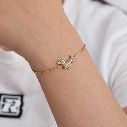 Edelstahl Armband mit Dackel, Glitzersteine, vergoldet, wasserfest