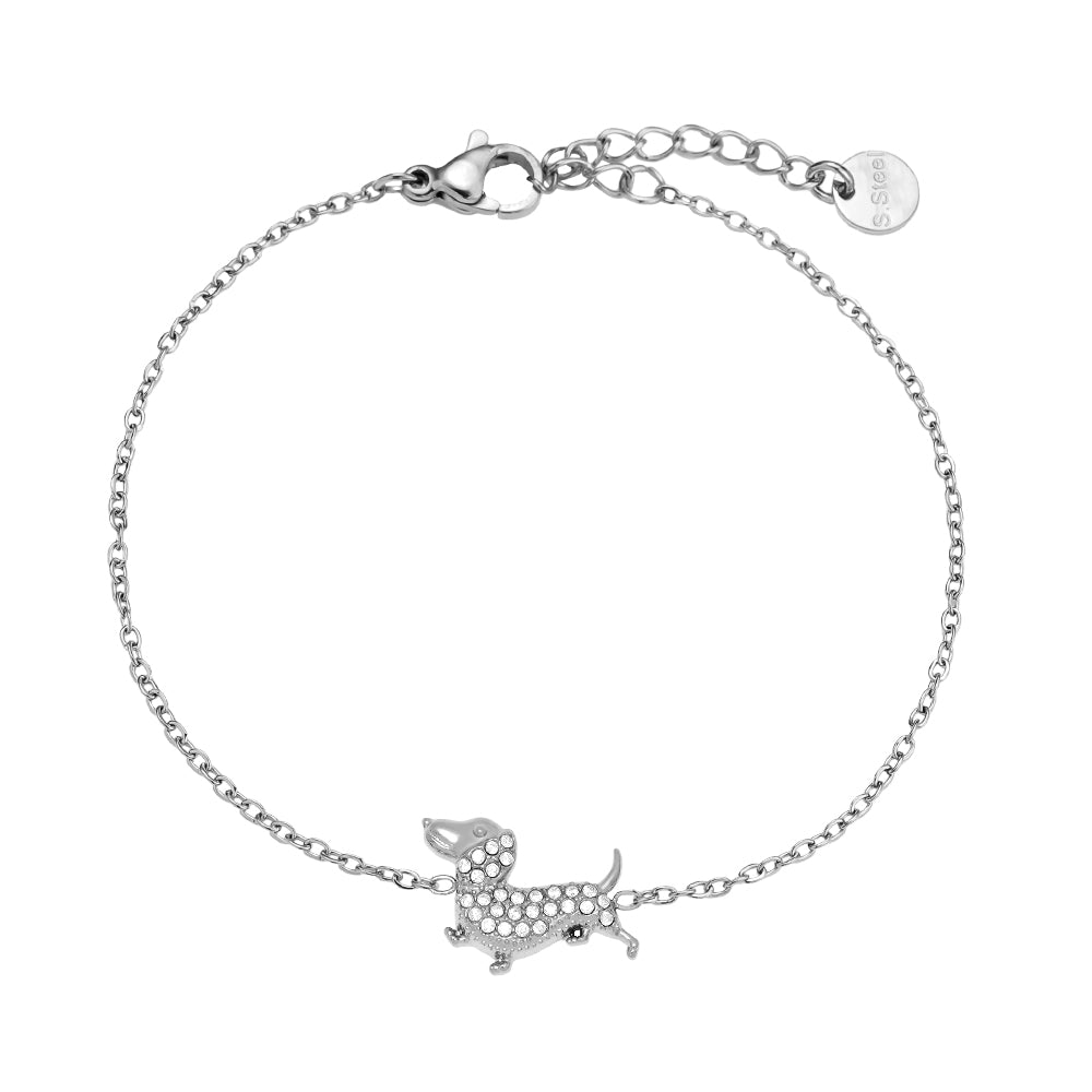 Edelstahl Armband mit Dackel, Glitzersteine, vergoldet, wasserfest silber