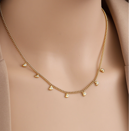 Edelstahl Kette mit Herzen, Glitzersteine, vergoldet, wasserfest