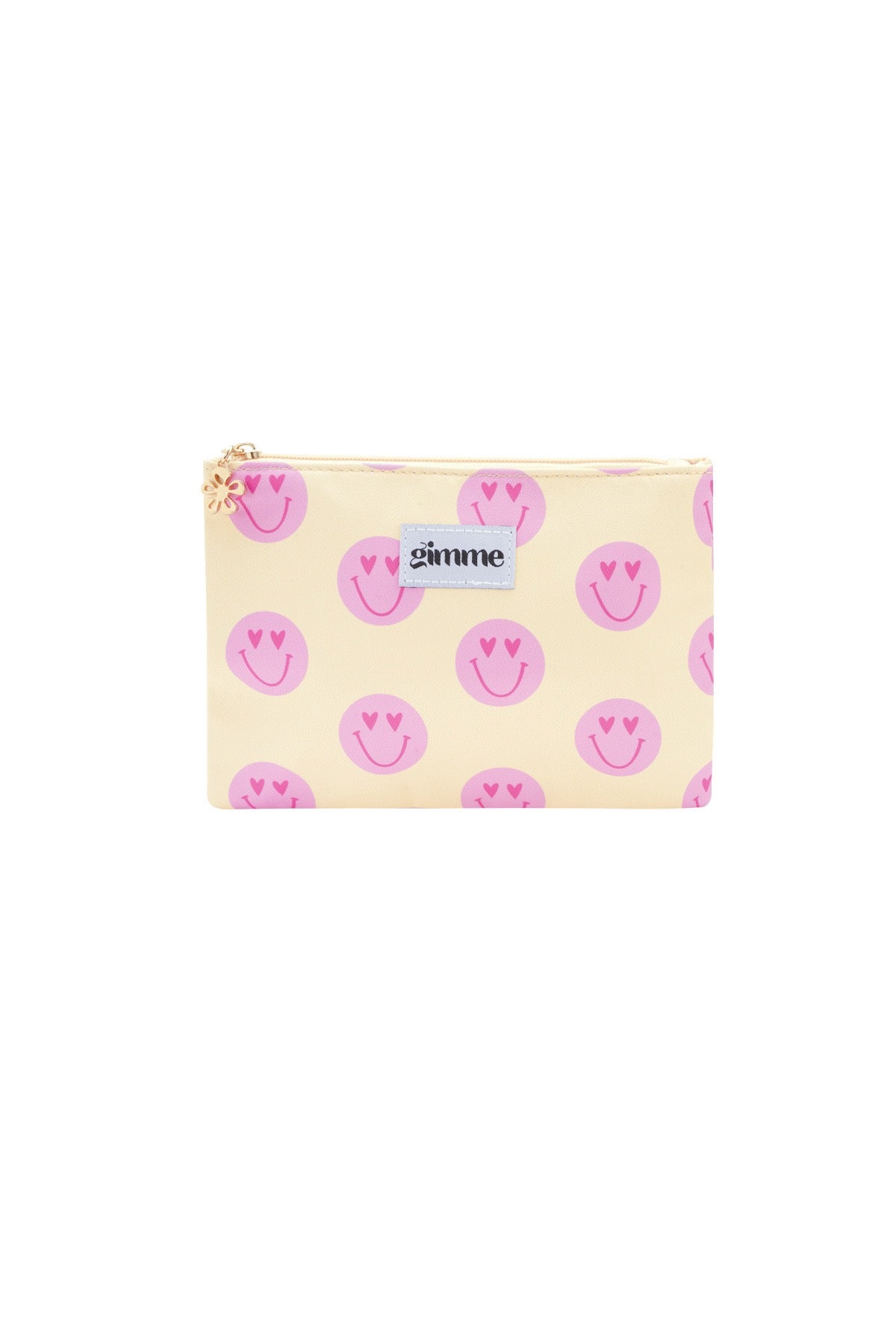 flache Kosmetiktasche in pastell gelb mit Smileys in pink, Anhänger