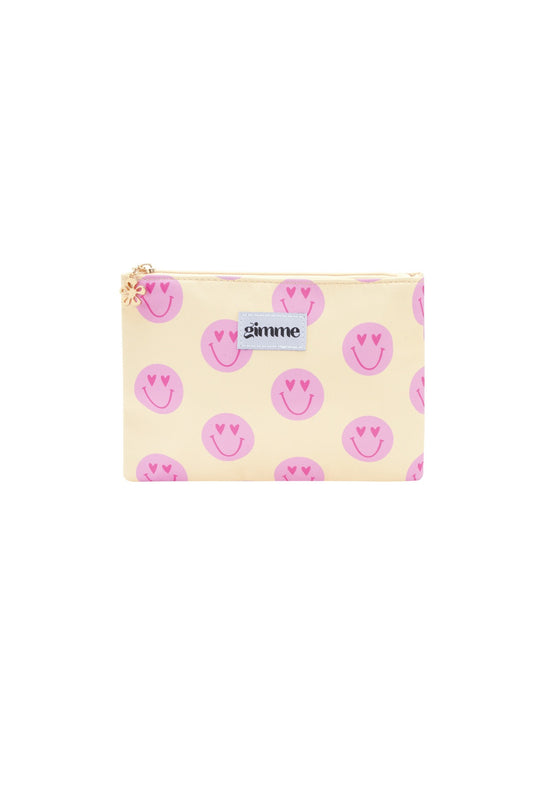 flache Kosmetiktasche in pastell gelb mit Smileys in pink, Anhänger